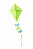 Green kite with colorful bows isolated on white background. A subject for fun leisure. Watercolor hand-drawn illustration. Perfect for prints, posters, covers, cards, decorations. vector