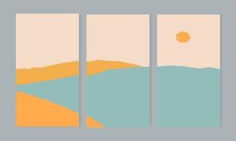 Set of abstract minimalist aesthetic posters backgrounds with mountains and sea landscape. vector