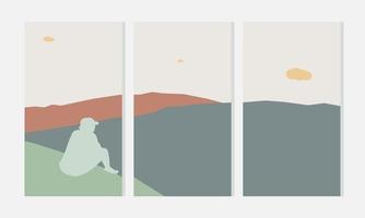 Set of abstract minimalist aesthetic posters backgrounds with mountains and sea landscape. vector