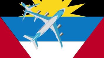 bandera de antigua y barbuda y aviones. animación de aviones sobrevolando la bandera de antigua y barbuda. concepto de vuelos dentro del país y al exterior. video