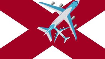 Alabama flag and planes. Animation of planes flying over the flag of Alabama. The concept of domestic airlines.