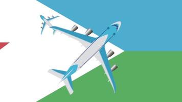bandeira do djibuti e aviões. animação de aviões sobrevoando a bandeira do djibuti. conceito de voos dentro do país e no exterior. video