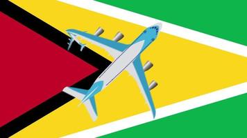 flagga av guyana och flygplan. animering av flygplan som flyger över flaggan av Guyana. koncept för flygningar inom landet och utomlands. video