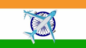 bandeira indiana e aviões. animação de aviões sobrevoando a bandeira da índia. o conceito de voos dentro e fora do país. video