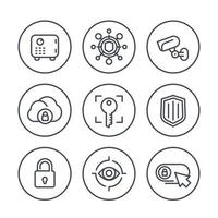 Security line icons in circles on white, secure transaction, online security, key, lock, shield, safe, strongbox, cctv camera, vector illustration