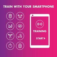 Train with your smartphone, training linear icons, vector illustration
