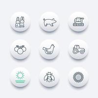 Farm, ranch line icons, tractor, harvester, hen, pig, crop, vegetables modern icons, vector illustration