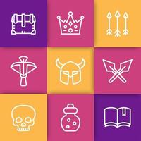 Game line icons set 2, RPG, arrows, crown, helmet, skull, potion, crossbow, chest, medieval vector