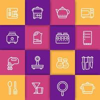kitchen line icons set, utensils, tableware, tools, cookware, cooking related objects, vector illustration