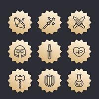 Game line icons set, RPG, fantasy items, swords, axe, magic wand, knight, bow, helmet, potion vector