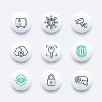 conjunto de iconos de línea de seguridad, transacción segura, candado, escudo, caja fuerte, videovigilancia, autenticación, reconocimiento biométrico, seguridad en línea, seguridad vector