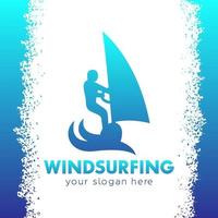 Windsurfing logo, man on surfboard with sail, windsurfer icon vector