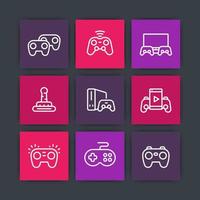 gamepads icons, game controllers, console, video gaming vector linear pictograms set