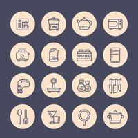 kitchen line icons set, utensils, tableware, tools, cookware, pan, kettle, knives, cooking related objects vector