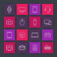 Modern gadgets line icons set, computer monitor, gamepad, laptop, smart watch, tablet, wearable devices, electronics pictograms, vector illustration