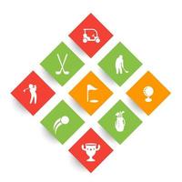 Golf icons, golf clubs, golf player, golfer, golf bag, golf pictograms, rhombic icons on white, vector illustration