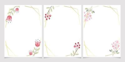 watercolor botanical hand drawing leafs wreath with tiny pink and yellow flowers wedding invitation card template 5x7 collection vector