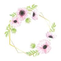 watercolor hand drawn anemone flower bouquet wreath with gold geometric frame for banner collection vector