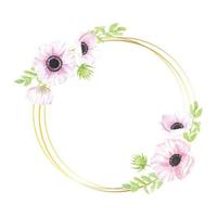 watercolor hand drawn anemone flower bouquet wreath with gold geometric frame for banner collection vector