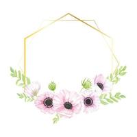 watercolor hand drawn anemone flower bouquet wreath with gold geometric frame for banner collection vector