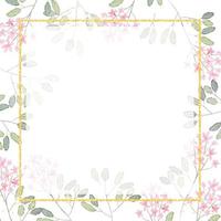watercolor pink tiny flower branch with golden glitter square frame background for banner vector