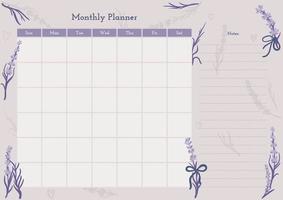 Monthly template lavender, great design for any purposes. Summer holiday background. Graphic violet color background. Design template. Simple illustration. Planner template. Abstract poster vector