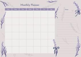 Monthly template lavender, great design for any purposes. Summer holiday background. Graphic violet color background. Design template. Simple illustration. Planner template. Abstract poster vector