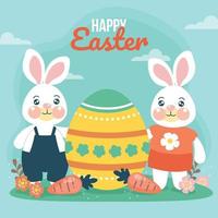 Two Bunny With Chubby Cheeks Presents Easter Egg vector