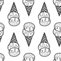 helado dibujado a mano sobre un fondo blanco. patrón sin costuras icono de helado. en blanco y negro. vector para la decoración.