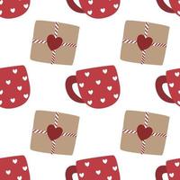 Heart patterned mug and Valentine's Day gift on white background. Seamless pattern. Patterns for decorating, wrapping paper, cards, bags, boxes or other packaging. Valentines Day. vector