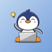 el pingüino lindo está trabajando en una computadora portátil y tiene una idea de ilustración vectorial vector