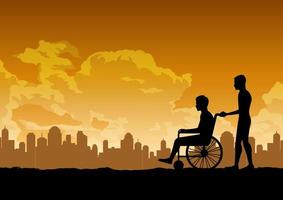 silhouette design of son carry his father that sit in the wheelchair