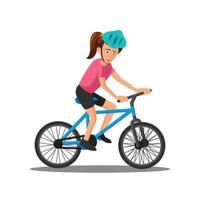 el diseño plano del personaje de dibujos animados de la mujer está montando en bicicleta vector