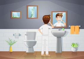 cartoon version of bathroom scene with man brushing teeth vector