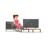 flat design of cartoon character of woman is watching TV vector