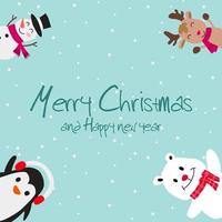 el muñeco de nieve, el reno, el pingüino y el oso polar son una emoción feliz en el diseño de la tarjeta de invitación navideña vector