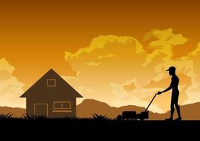 silhouette design of man is mowing lawn vector