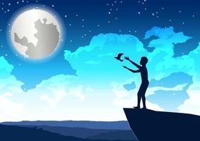 man let bird out to peace on the cliff in beautiful night vector