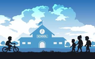 black and color of silhouette design of children going to school vector