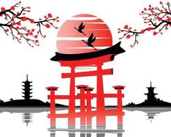 Japanese art with ancient design of Torii gate and the beautiful nature of Japan vector