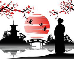 arte japonés con diseño antiguo de kimono mujer mira a la pagoda vector