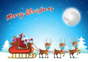 santa claus and reindeer wear mask and begin to fly to send gift at xmas night vector