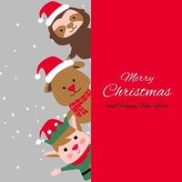 elf puppy sloth are happy emotion with Christmas invitation card design vector