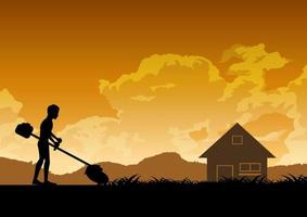 silhouette design of man is mowing lawn vector