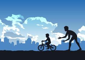 silhouette design of father teach son to ride bicycle vector