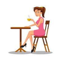 flat design of cartoon character of woman drinking coffee vector