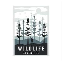 wildlife at forest vintage poster outdoor vector illustration design. deer pines hill adventure template graphic banner