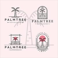 conjunto de palmera línea arte logotipo simple minimalista vector ilustración plantilla icono diseño gráfico. colección de paquetes de varias plantas tropicales en la playa con olas oceánicas y tipografía de placa