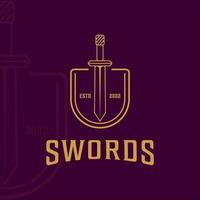 sword and shield logo line art simple minimalist vector illustration template icon graphic design. swords sign or symbol for company with purple color backgrounds