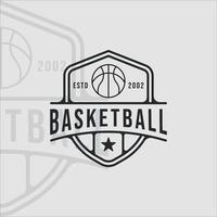 baloncesto logo línea arte simple vector ilustración plantilla icono diseño gráfico. signo o símbolo deportivo para el concepto de liga y competición de equipo o club con placa y estilo tipográfico